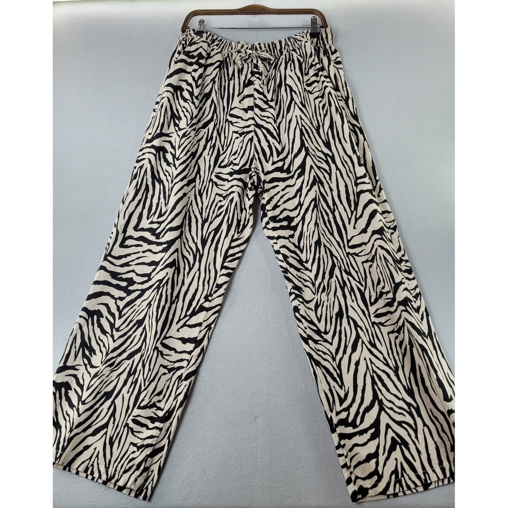 Serra Linen Viscose Pants Zebra Print Wide Leg Elastic Waist Tan Black L 12-14